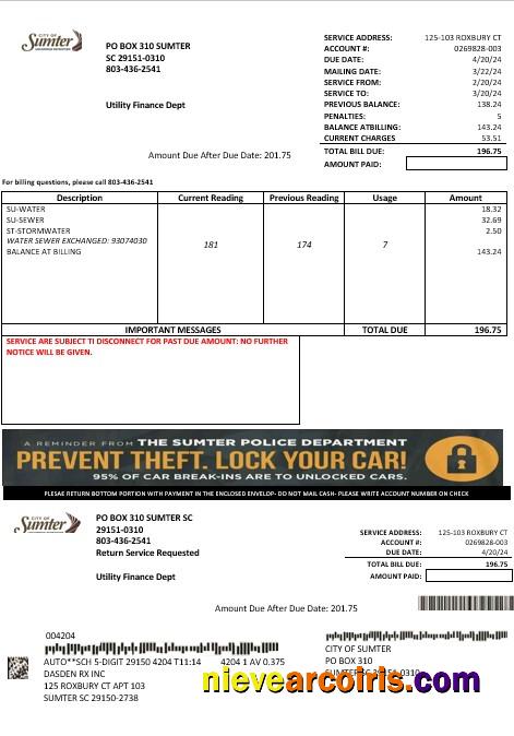 USA City of Sumter South Carolina water business utility bill